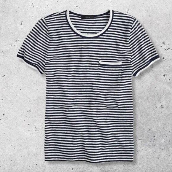 J. Crew Ringer Slub Cotton T-Shirt Striped Pattern Chest Pocket‎ Navy White W XL - Picture 1 of 10